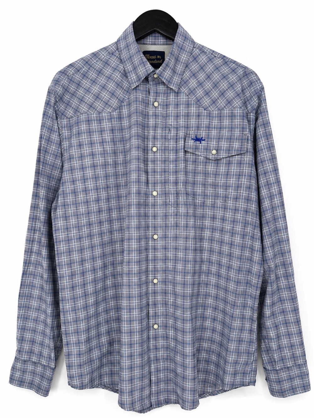 Texas Standard Western Field Shirt Blue Plaid Medium Long Sleeve Pearl Snap Vent